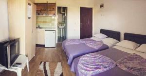a hotel room with two beds and a television at Apartments Daris in Ulcinj