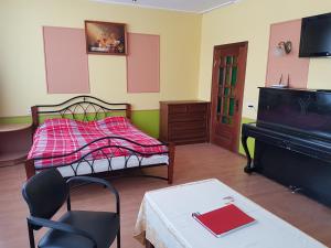 a bedroom with a bed and a table and a piano at Apartament Erfolg 12 in Daugavpils