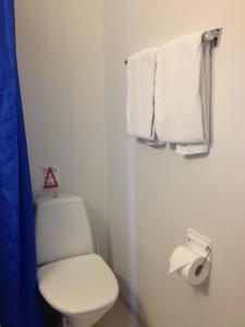 a bathroom with a white toilet and towels at Eckerö Hotell & Restaurang in Eckerö