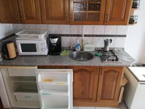 una pequeña cocina con fregadero y microondas en Liszt Apartman en Szombathely