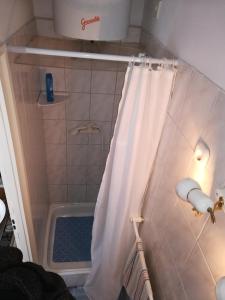 a shower with a white shower curtain in a bathroom at Liszt Apartman in Szombathely