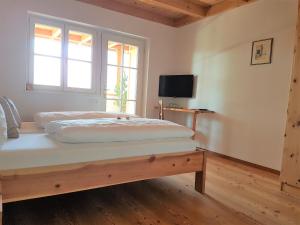 a bedroom with a bed and a tv on the wall at Brandlgut in Bolzano