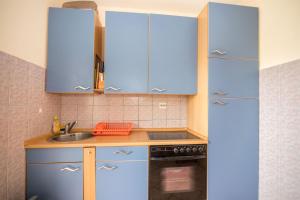 kuchnia z niebieskimi szafkami i zlewem w obiekcie Apartments Rose w Trogirze