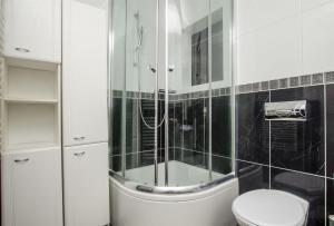 a white bathroom with a shower and a toilet at Apartments Mare in Postira +18 photos