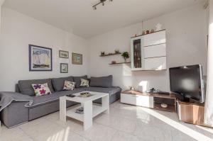 a living room with a couch and a tv at Apartments Mare in Postira