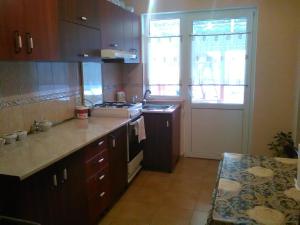 a kitchen with a stove and a sink and a window at Casa cu Muscate in Cîmpeni