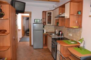 cocina con armarios de madera y nevera de acero inoxidable en Danarent Apartment, en Vilna
