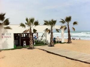 a restaurant on the beach with palm trees and the ocean at La Mata Beach Apartment in La Mata