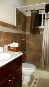 ein Badezimmer mit Toilette, Waschbecken und Dusche in der Unterkunft DB Tower Vacation Rental in Belize City + 37 Fotos
