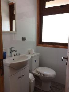 baño con aseo y lavabo y ventana en Cabañas JL en Las Trancas