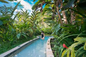 a woman is standing in a pool in a jungle at Casa Luna Hotel & Spa in Fortuna
