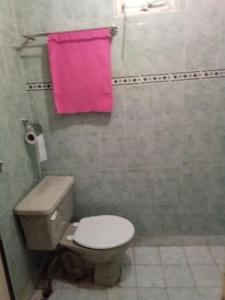 bagno con servizi igienici e asciugamano rosa di El paraíso de Zacatlán DEPARTAMENTO con JARDÍN, 11 pax a Zacatlán