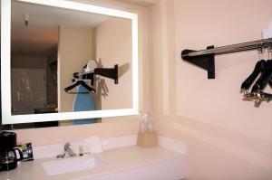 a bathroom with a mirror and a sink at Executive Inn in Milpitas