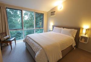 a bedroom with a large bed and a large window at Tree Top Stay in Olinda