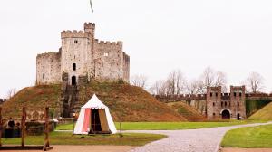 a castle with a red and white tent in front of it at Cardiff Bute Terrace Hotel By Belvilla in Cardiff