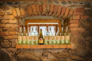 a row of bottles on a brick wall at Landhaus Moser in Leutschach