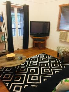a living room with a flat screen tv and a black and white rug at Cottage on Cork -Laffin Cottage in Winton