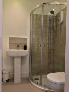 a bathroom with a shower and a sink and a toilet at The Doonleigh suite in Ayr