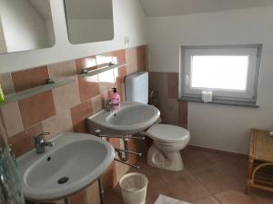 a bathroom with a sink and a toilet and a window at Apartments & Rooms Preseren in Bled
