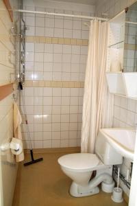 y baño con aseo, lavabo y ducha. en Hagabergs Vandrarhem en Södertälje