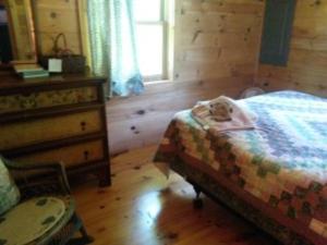 a bedroom with a bed and a dresser at Camp Mitigwa Rental in Rangeley