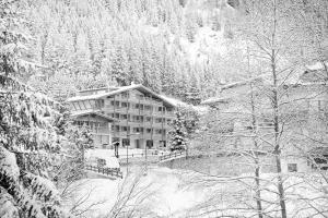 un gran edificio en medio de una montaña nevada en ArtHotel Anterleghes - Gardenahotels, en Selva di Val Gardena