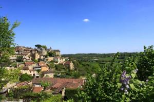 une ville sur une colline avec des maisons et des arbres dans l'établissement Les Hauts de Lastours, à Belvès