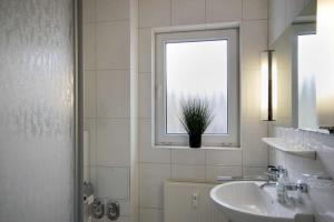 a bathroom with a sink and a window with a potted plant at Villa Maria by Rujana in Binz