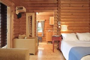 1 dormitorio en una cabaña de madera con cama y escritorio en Xenios Chalet en Áno Khóra