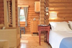 1 dormitorio en una cabaña de madera con cama y escritorio en Xenios Chalet, en Ano Chora