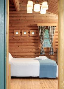 a bedroom with a bed in a wooden room at Xenios Chalet in Ano Chora