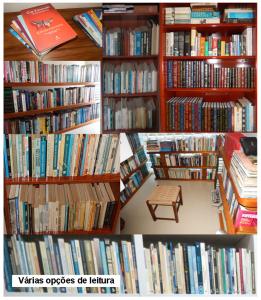 uma colagem de fotos de uma biblioteca com livros em Casa Colina do Sol em Nova Petrópolis