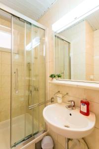 a bathroom with a sink and a glass shower at Apartments Afrodita in Dubrovnik