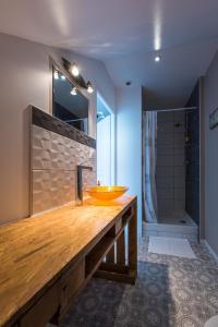 ein Badezimmer mit einem orangenen Waschbecken und einer Dusche in der Unterkunft Les Charmilles in Saint-Jean-de-Losne