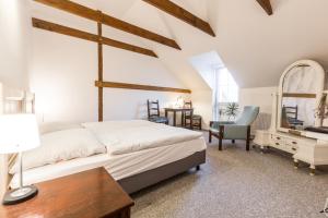 1 dormitorio con cama, escritorio y espejo en Alt pension en Praga