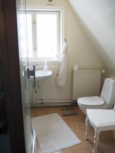 a bathroom with a toilet and a sink and a window at Aakirkeby Bed and Breakfast in Åkirkeby