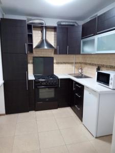 eine Küche mit schwarzen Schränken und einem Herd mit Backofen in der Unterkunft Two-bedroom apartment in the center in Chmelnyzkyj