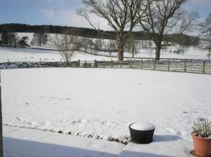 un patio cubierto de nieve con una valla y un campo en Green Grove Country House en Malham