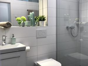 Un baño con ducha, inodoro y lavabo. en Nauwieser50, en Saarbrücken