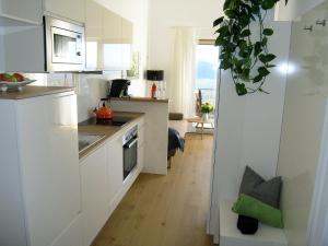 a kitchen with white cabinets and a green plant at Apartmenthaus STYRIA in Bad Gleichenberg