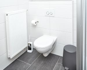 a white bathroom with a toilet and a trash can at Krug-Apartments in Ebelsbach +8 photos