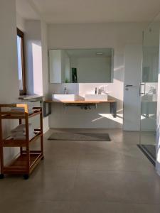 a bathroom with a sink and a large mirror at City Apartment in Nürnberg