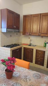 a kitchen with wooden cabinets and a sink at Appartamenti S'Agapo' in Catanzaro Lido