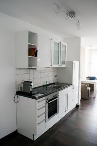 cocina blanca con fregadero y nevera en Golf Appartement 2.11 Hebelhof, en Bad Bellingen