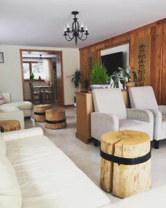 ザコパネにあるWilla Łojasówkaの白い家具と木製の壁が備わるリビングルーム