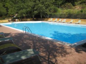 une grande piscine bleue avec des chaises et des arbres dans l'établissement Gite des Ocres, à Villars