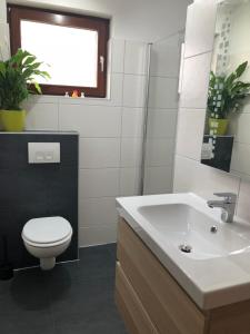La salle de bains est pourvue d'un lavabo, de toilettes et d'une fenêtre. dans l'établissement Ferienwohnung Liebing, à Bad Sachsa
