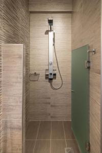 a shower in a bathroom with a green door at Villa Albanis in Kolios +16 photos