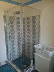a shower with a glass door in a bathroom at Paradise Apartment in Gosford