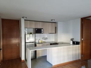 a kitchen with a white counter and a refrigerator at Depto 2 Carol Urzua in Santiago
